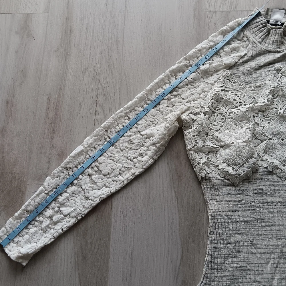 Venus Lace Long-Sleeve Mock Neck Ribbed Knit Top Ivory Ecru Grey Sheer Medium
